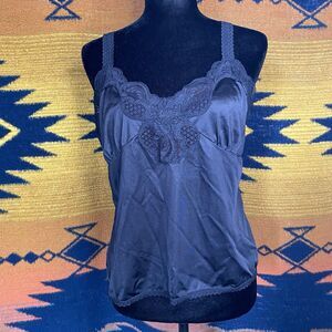 Vintage 90’s Bali Studio Black Nylon Lace Camisole Lingerie Top. L/XL. Goth.